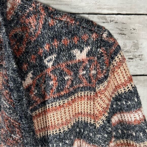 Lucky Brand Reversible Jacquard Open Front Navy Blue Peach Long Cardigan Small - Picture 7 of 9